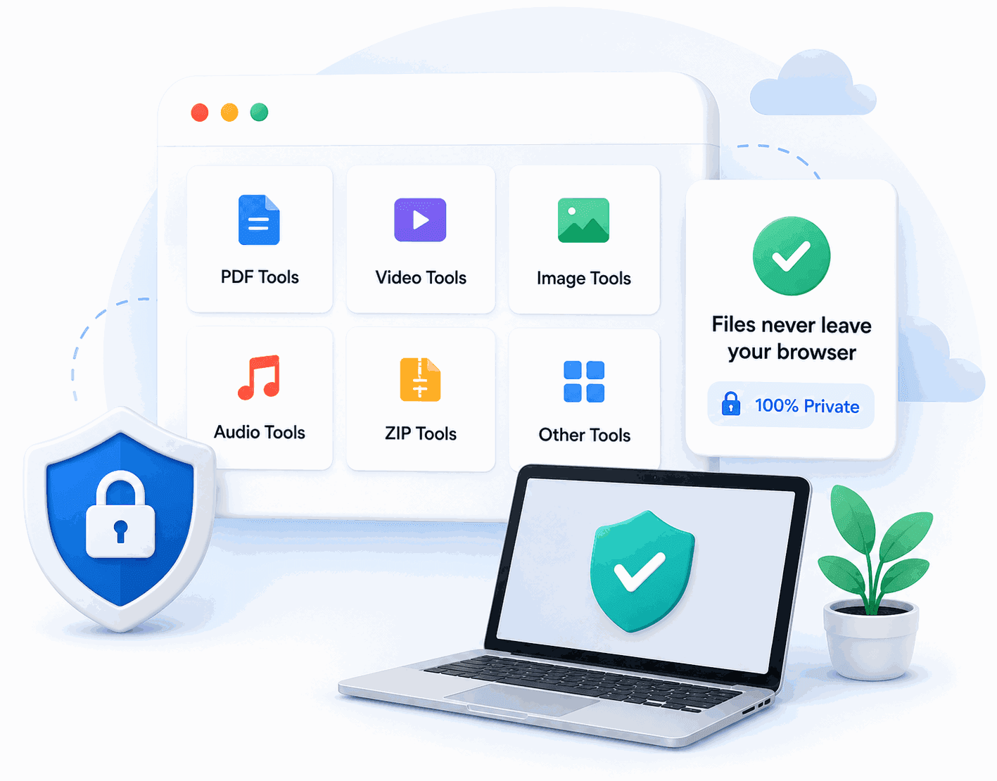 EveryFileTool's in-browser tools — PDF, Video, Image, Audio, ZIP and more — keeping your files 100% private