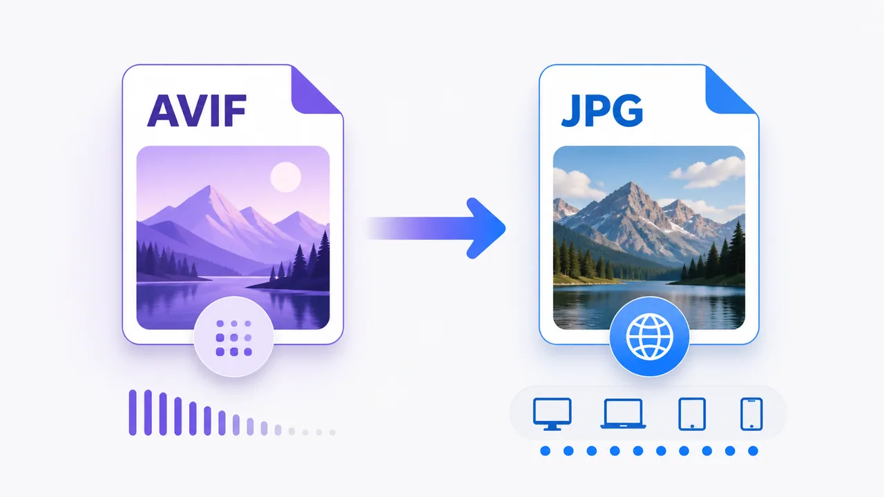 An AVIF image file being converted into a broadly compatible JPG file