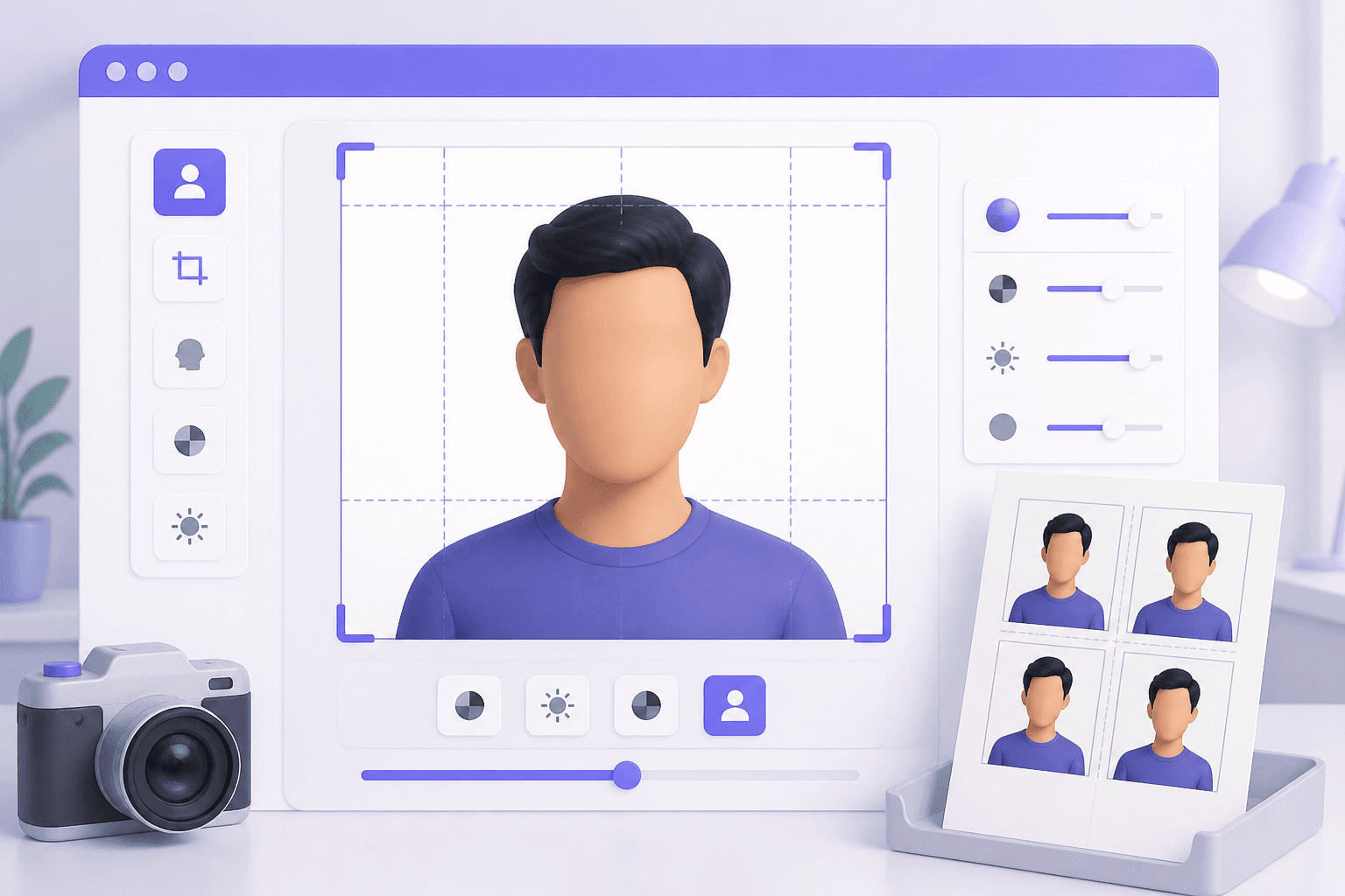 An illustrated portrait being framed and sized for a passport photo