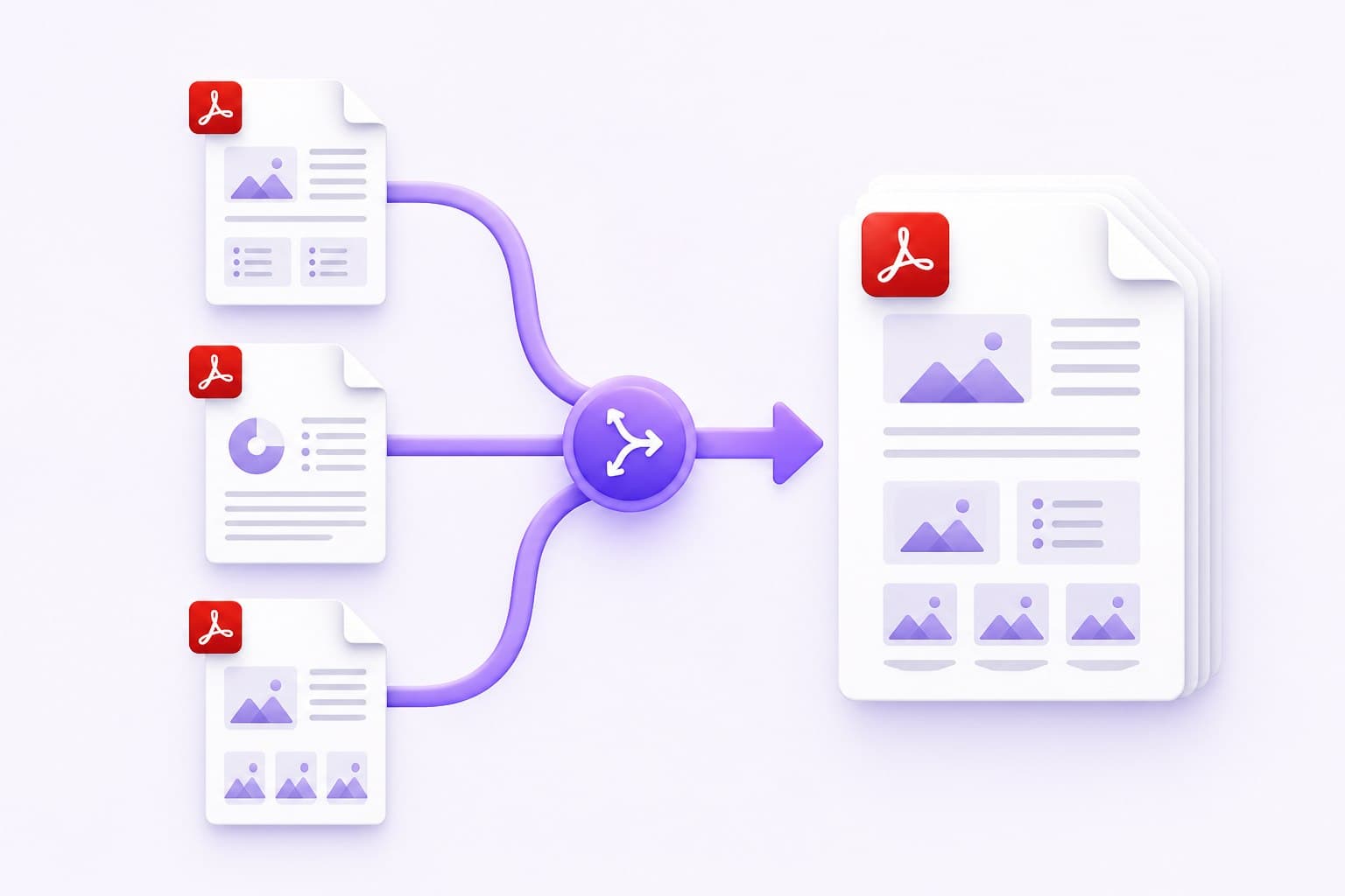 Three PDF documents combining into one organized file in the EveryFileTool merge PDF guide